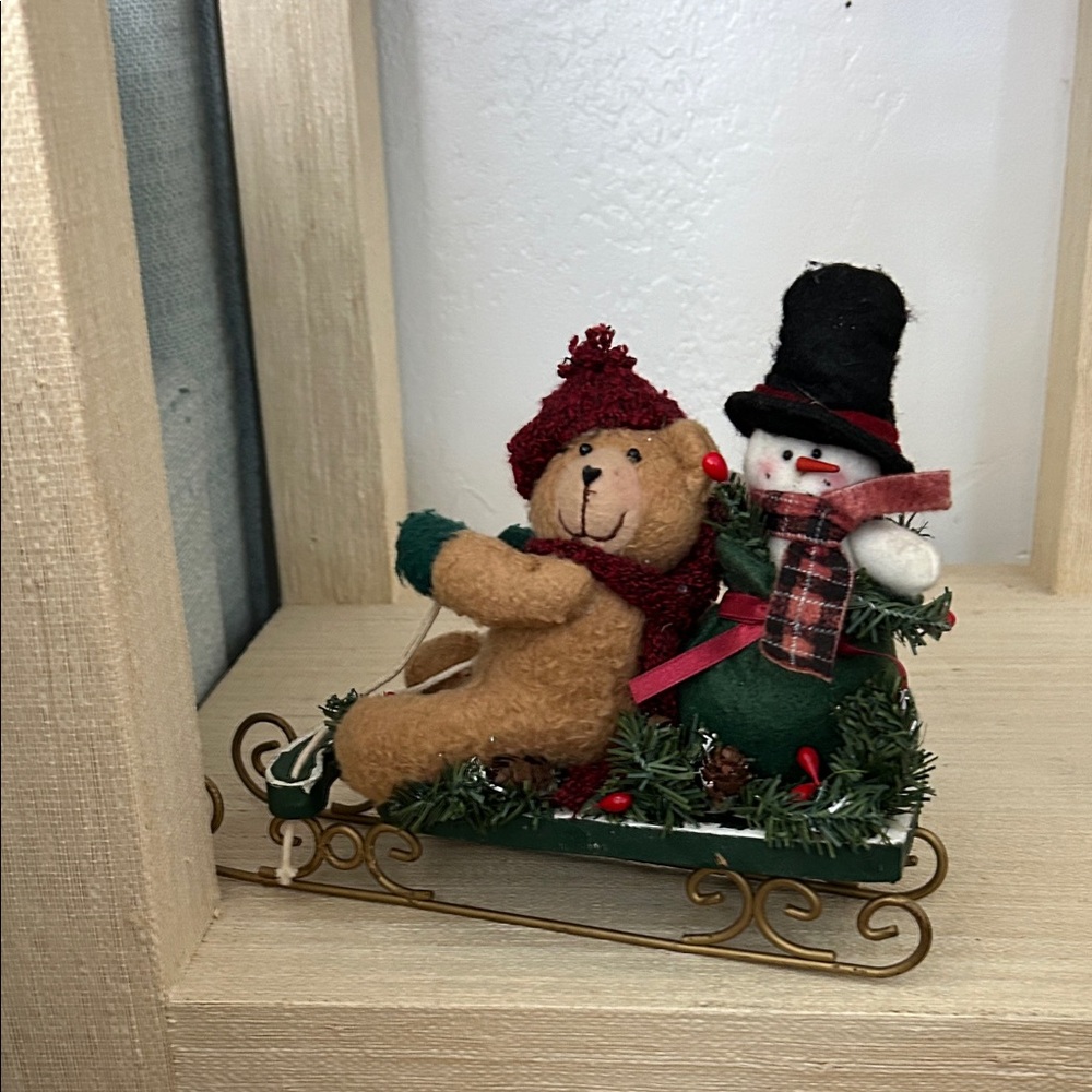 Vintage Festive Bear and Snowman Sleigh Holiday Decor
